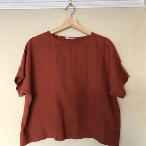 Linenfox Rust Linen Boxy Short-Sleeve Top